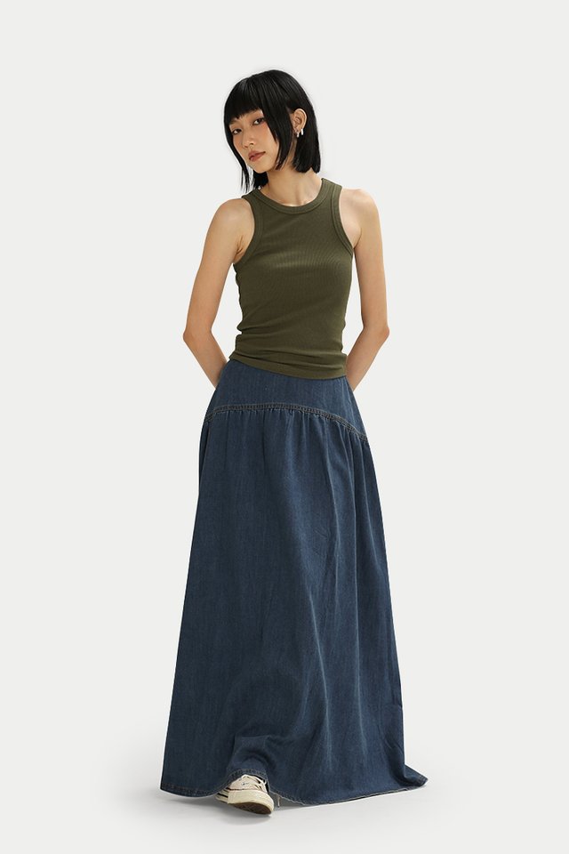 RHETT DENIM MIDI SKIRT IN MID WASH