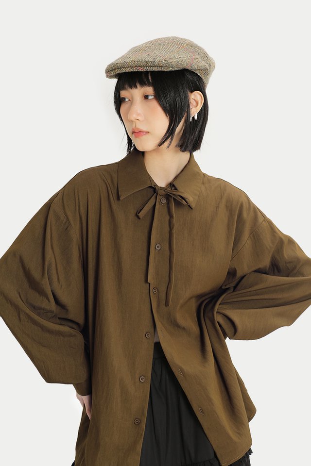 RIKA RIBBON TIE OVERSIZED SHIRT IN ESPRESSO