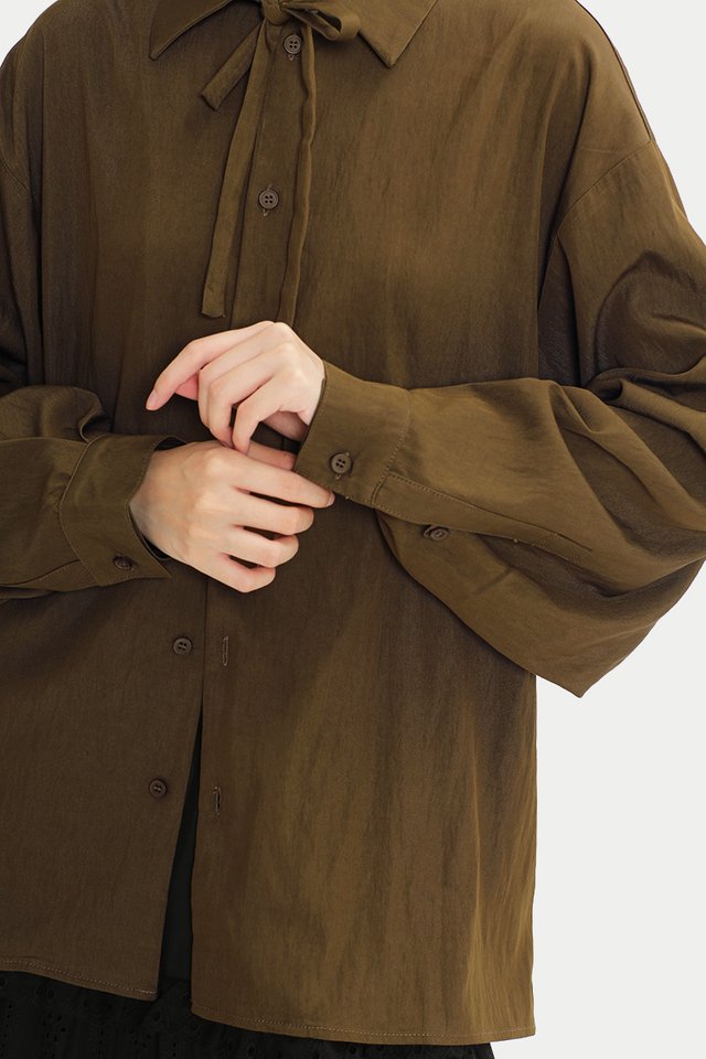 RIKA RIBBON TIE OVERSIZED SHIRT IN ESPRESSO