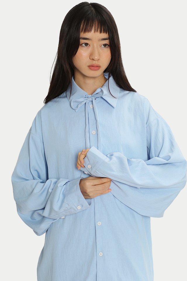 RIKA RIBBON TIE OVERSIZED SHIRT IN SKY