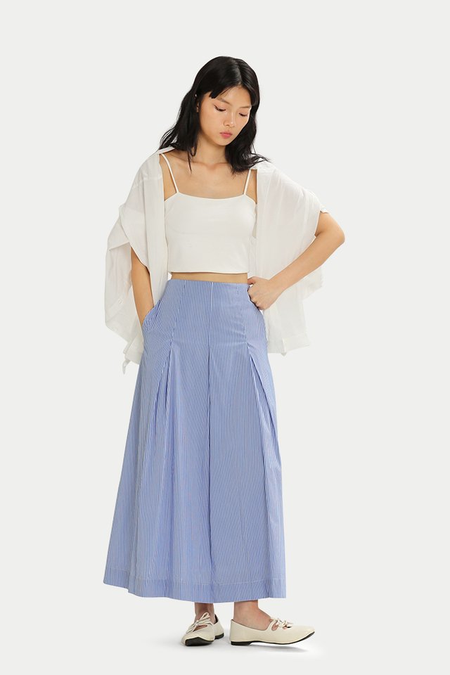 ADELLE INVERTED PLEAT MIDI SKIRT IN BLUE STRIPE