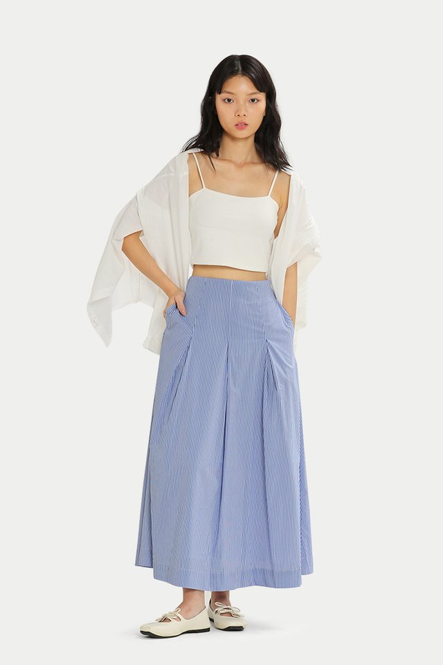 ADELLE INVERTED PLEAT MIDI SKIRT IN BLUE STRIPE