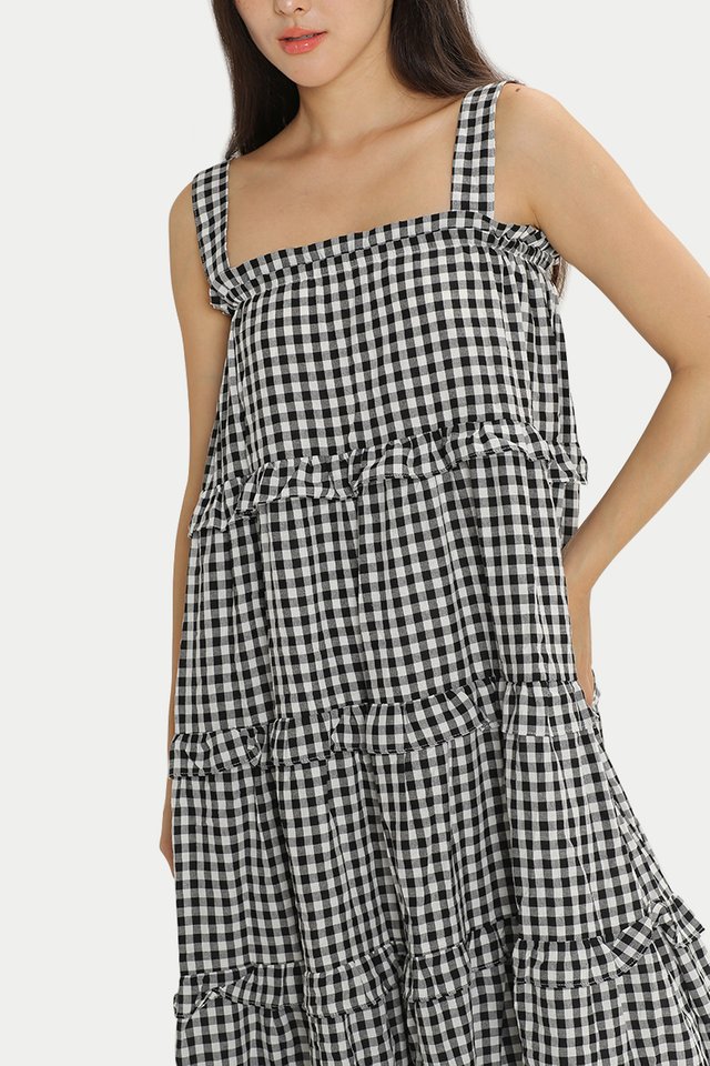 BELVA FRILL CHECKED MAXI DRESS IN BLACK