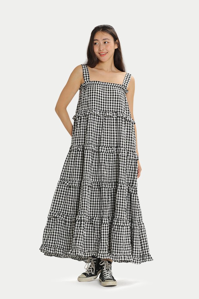 BELVA FRILL CHECKED MAXI DRESS IN BLACK
