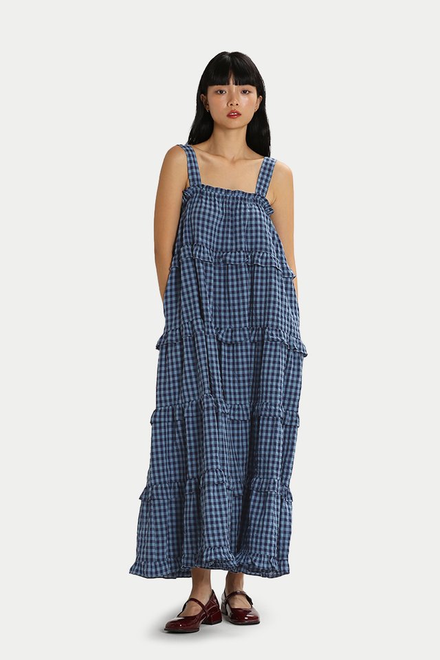 BELVA FRILL CHECKED MAXI DRESS IN BLUE