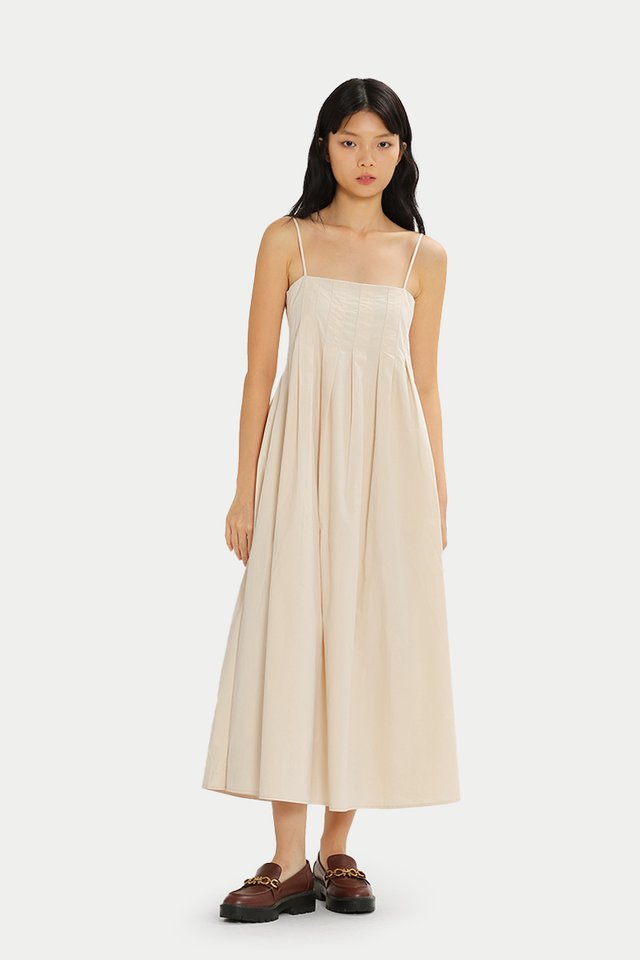 HAZEL BOX PLEAT MIDI DRESS IN IVORY