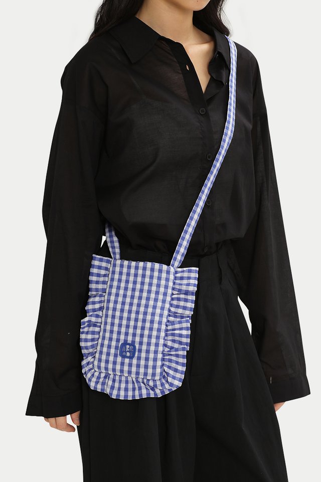 KIKI GINGHAM FRILL POUCH IN COBALT