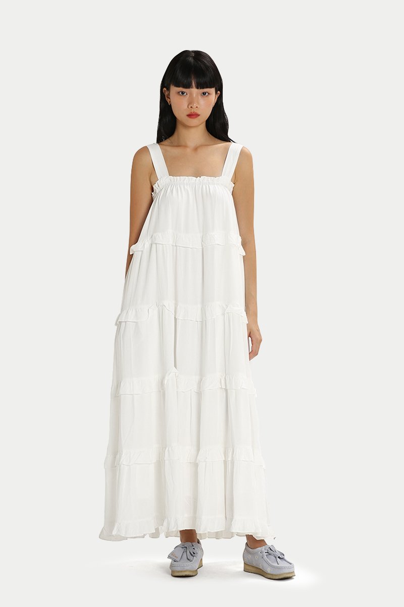 chinese dress ladies Clemence Smocked Frill Trim Maxi Dress White main image 0