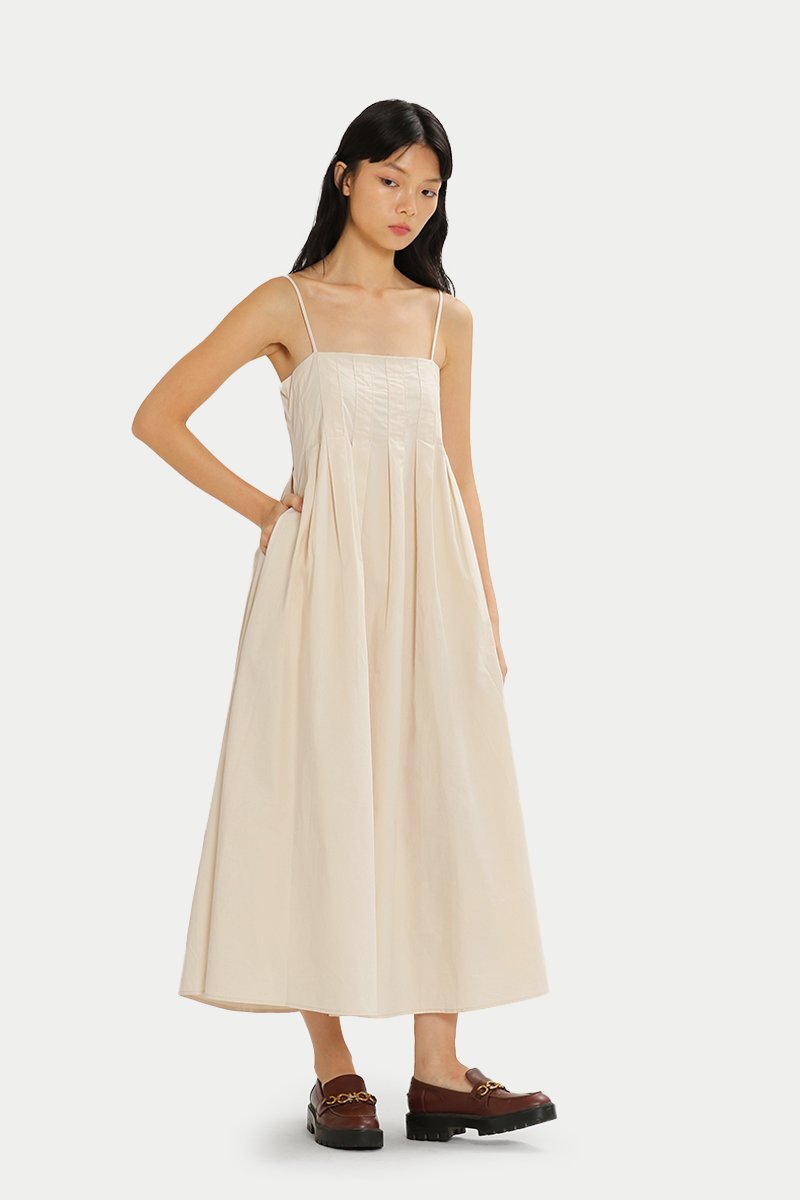 HAZEL BOX PLEAT MIDI DRESS IN IVORY