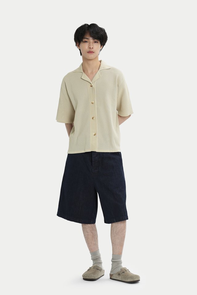 ARCADE X NATHANIELFONG KNITTED CAMP COLLAR SHIRT IN BONE
