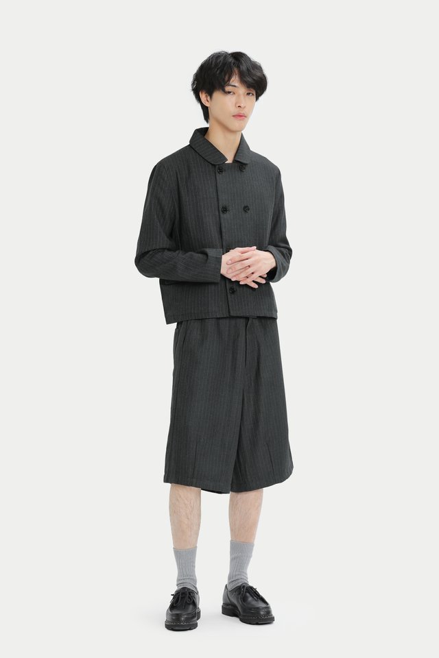 ARCADE X NATHANIELFONG PINSTRIPED PEA COAT IN CHARCOAL