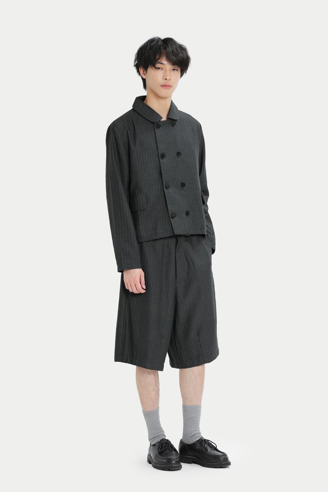 ARCADE X NATHANIELFONG PINSTRIPED SUIT SHORTS IN CHARCOAL