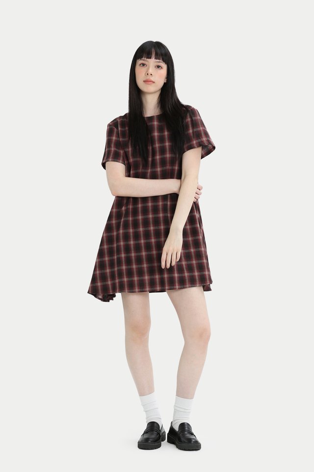 LABELLE RIBBON ROMPER DRESS IN BERRY CHECKS