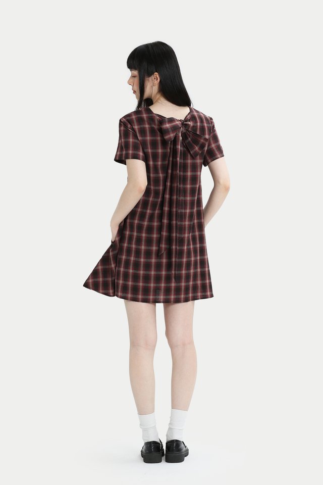 LABELLE RIBBON ROMPER DRESS IN BERRY CHECKS