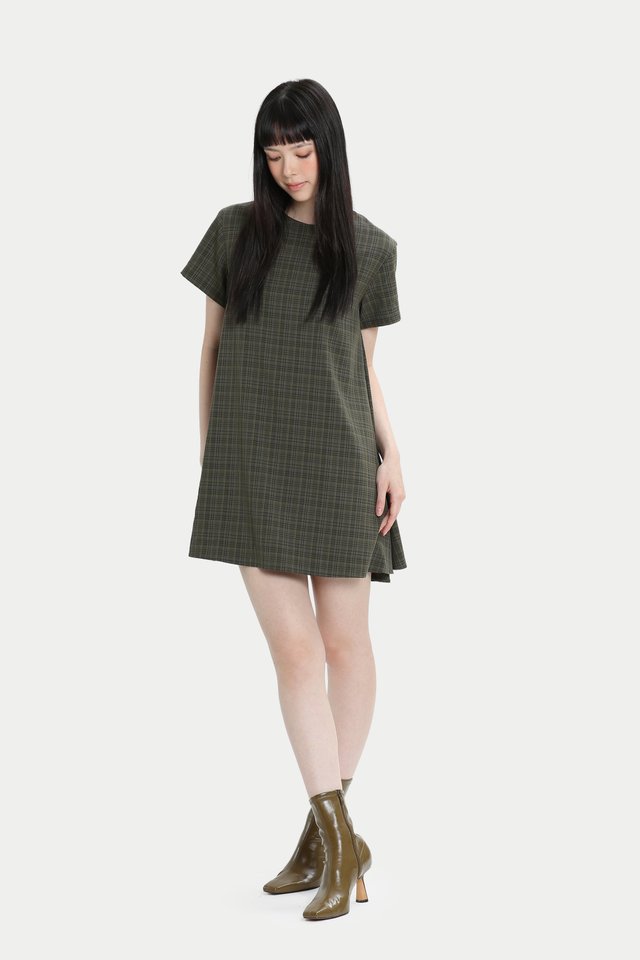 LABELLE RIBBON ROMPER DRESS IN OLIVE CHECKS