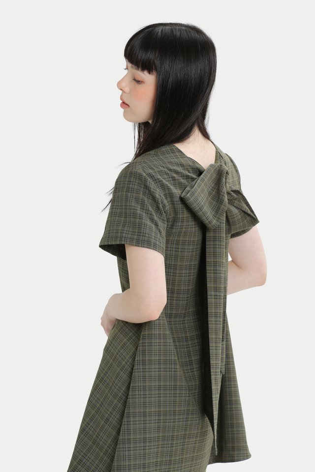 LABELLE RIBBON ROMPER DRESS IN OLIVE CHECKS