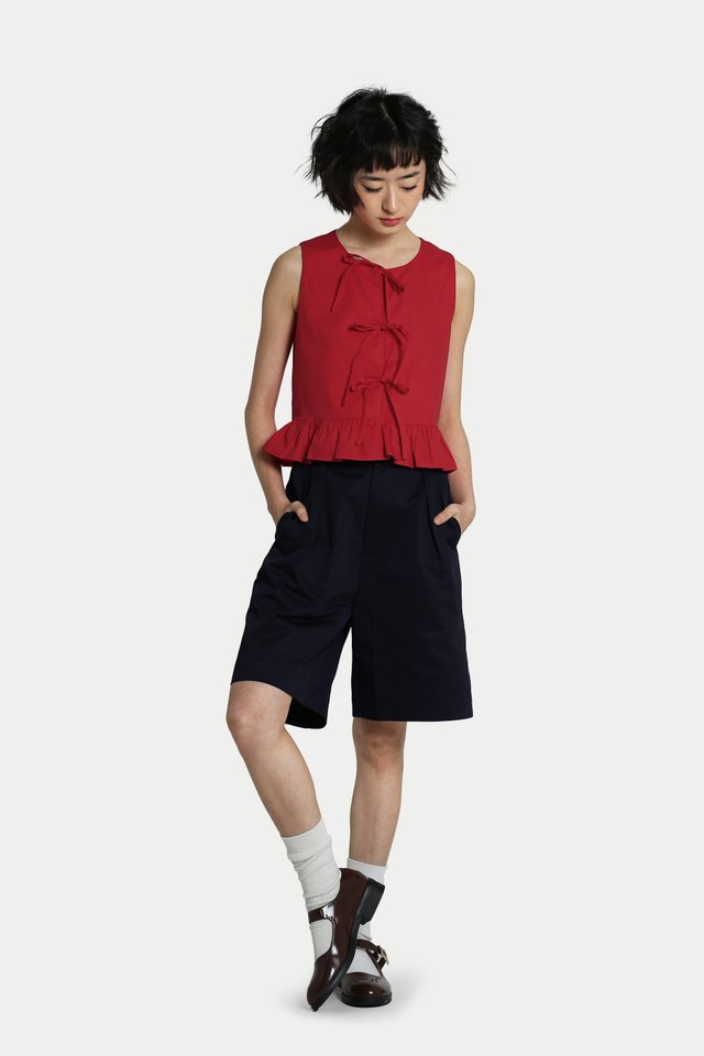 CARRIE RIBBON TIE FRILL TOP IN RED