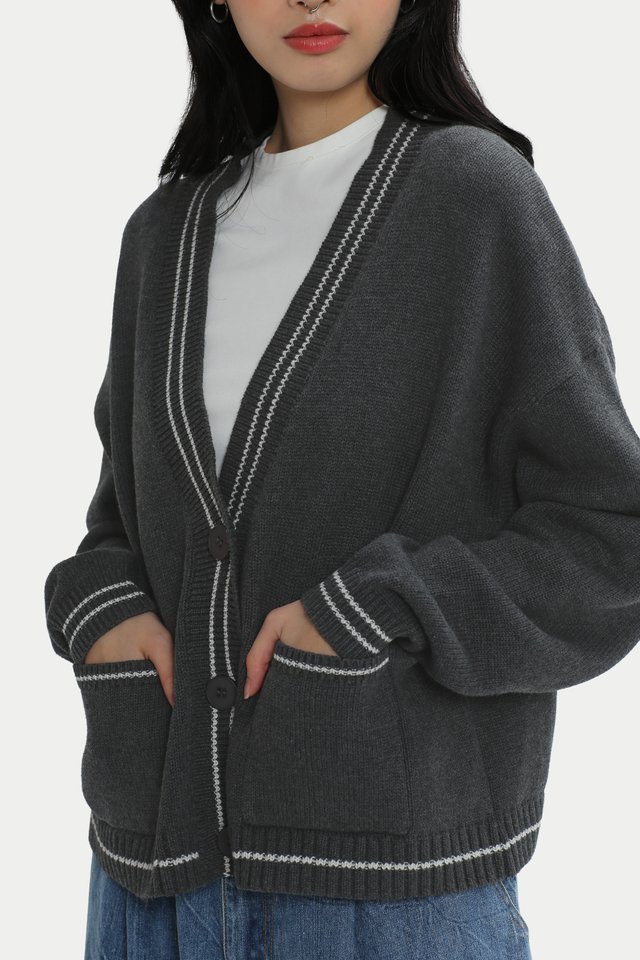 DALTON VARSITY KNIT CARDIGAN IN CHARCOAL