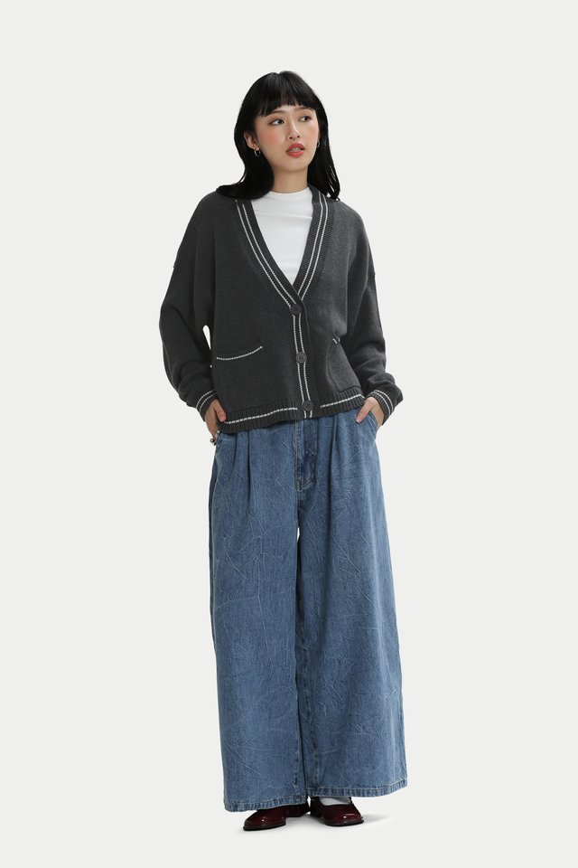 DALTON VARSITY KNIT CARDIGAN IN CHARCOAL