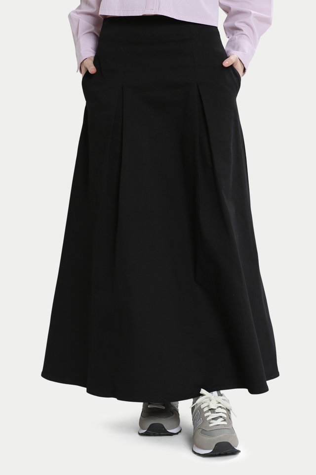 KIERIA TWILL PANEL MIDI SKIRT IN BLACK