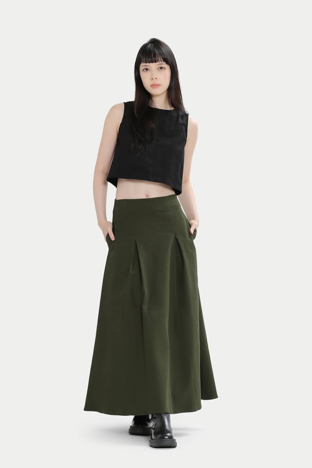 KIERIA TWILL PANEL MIDI SKIRT IN MOSS