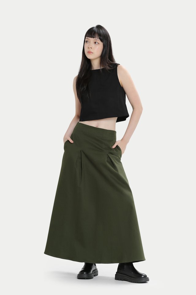 KIERIA TWILL PANEL MIDI SKIRT IN MOSS
