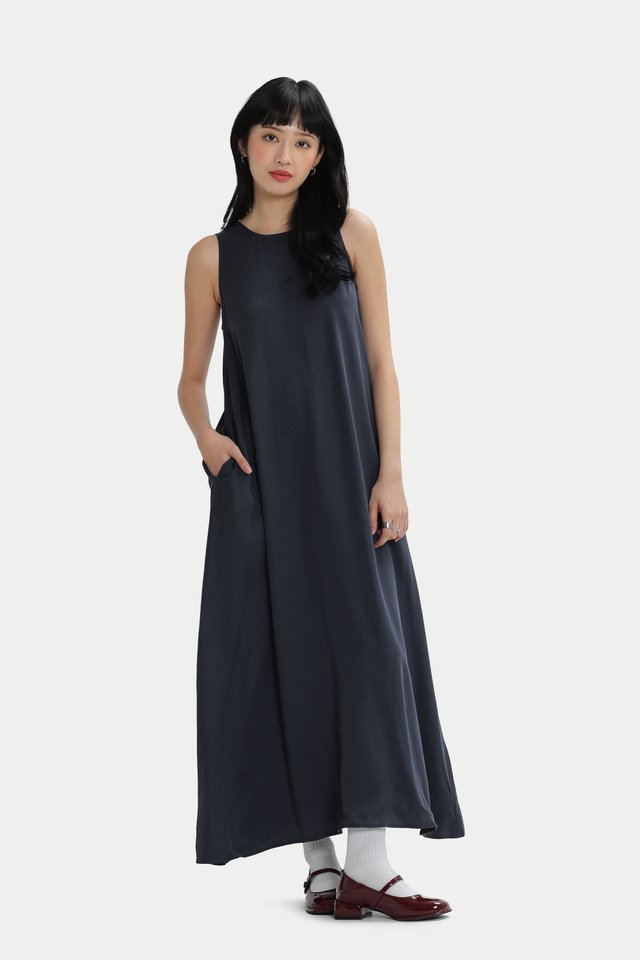 RIA DRAPED TANK DRESS IN NAVY