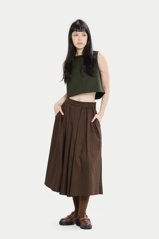 RUBY PLEATED MIDI SKIRT IN MULBERRY CHECKS