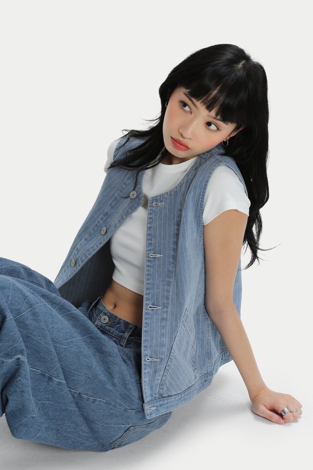 TAKAMI DENIM STRIPE VEST IN LIGHT WASH