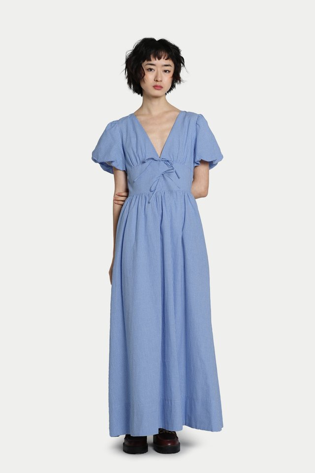 DESIREE PUFF SLEEVES V NECK DRESS IN BLUE CHECKS