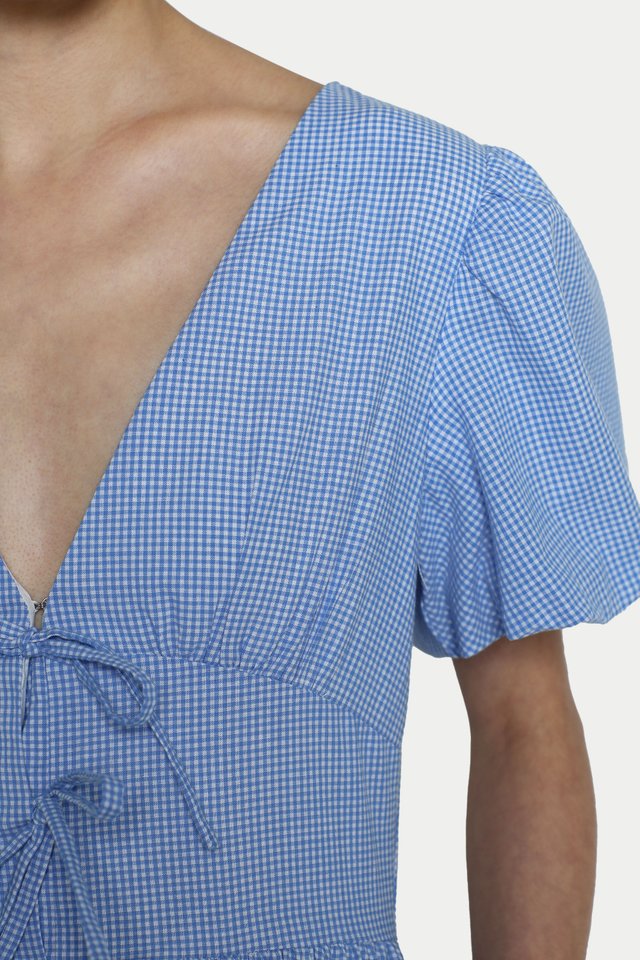 DESIREE PUFF SLEEVES V NECK DRESS IN BLUE CHECKS