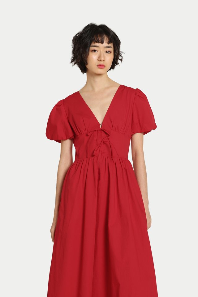 DESIREE PUFF SLEEVES V NECK DRESS IN RED