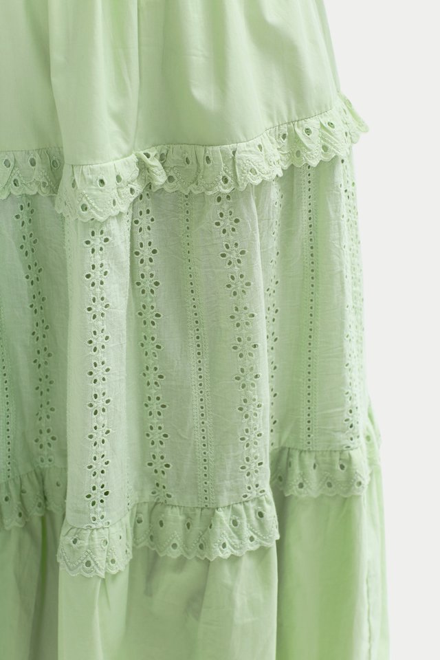 EULA BRODERIE TIER SKIRT IN TEA GREEN
