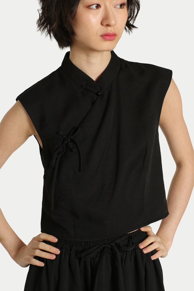 JADE CHEONGSAM CROP TOP IN BLACK