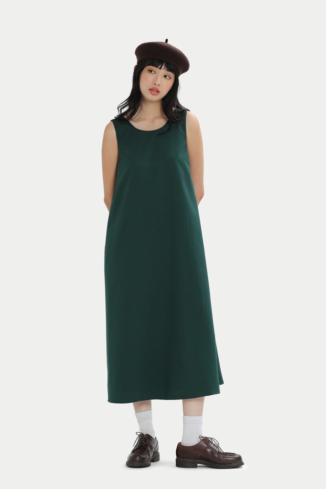 MADISON SCOOP BACK MIDI DRESS IN FOREST