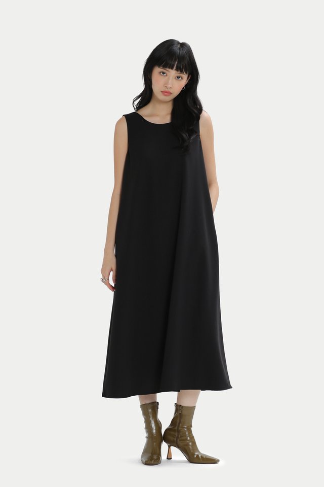 MADISON SCOOP BACK MIDI DRESS IN BLACK