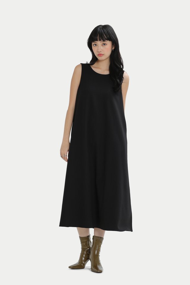 MADISON SCOOP BACK MIDI DRESS IN BLACK