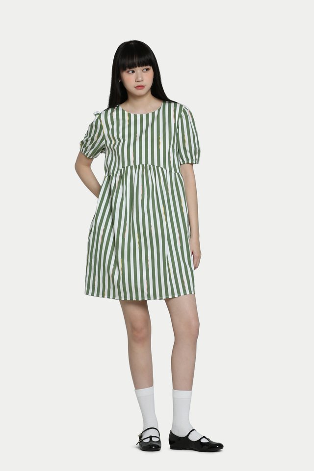 MAXINE "SSSTRIPED" BABYDOLL DRESS IN FERN