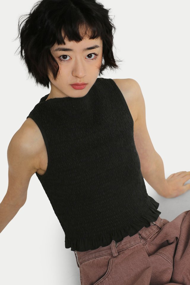 SOFIE SMOCKED TANK TOP IN BLACK