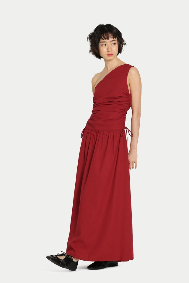 LYAN RUCHED TOGA MAXI DRESS IN POPPY RED