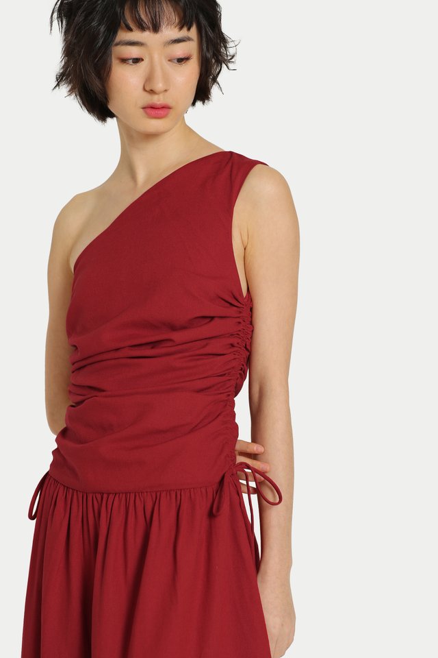 LYAN RUCHED TOGA MAXI DRESS IN POPPY RED