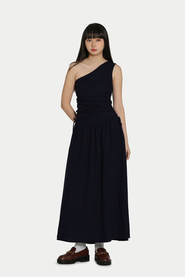 LYAN RUCHED TOGA MAXI DRESS IN NAVY