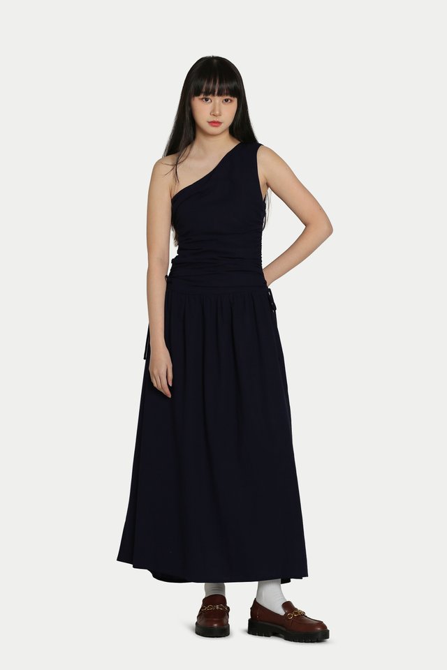 LYAN RUCHED TOGA MAXI DRESS IN NAVY