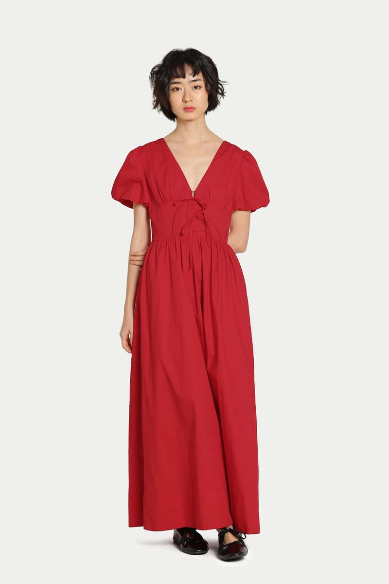 DESIREE PUFF SLEEVES V NECK DRESS IN RED