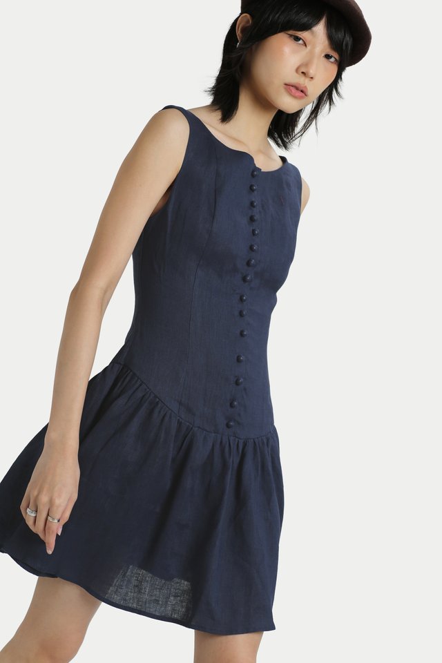 ANA BUTTON ROMPER DRESS IN NAVY