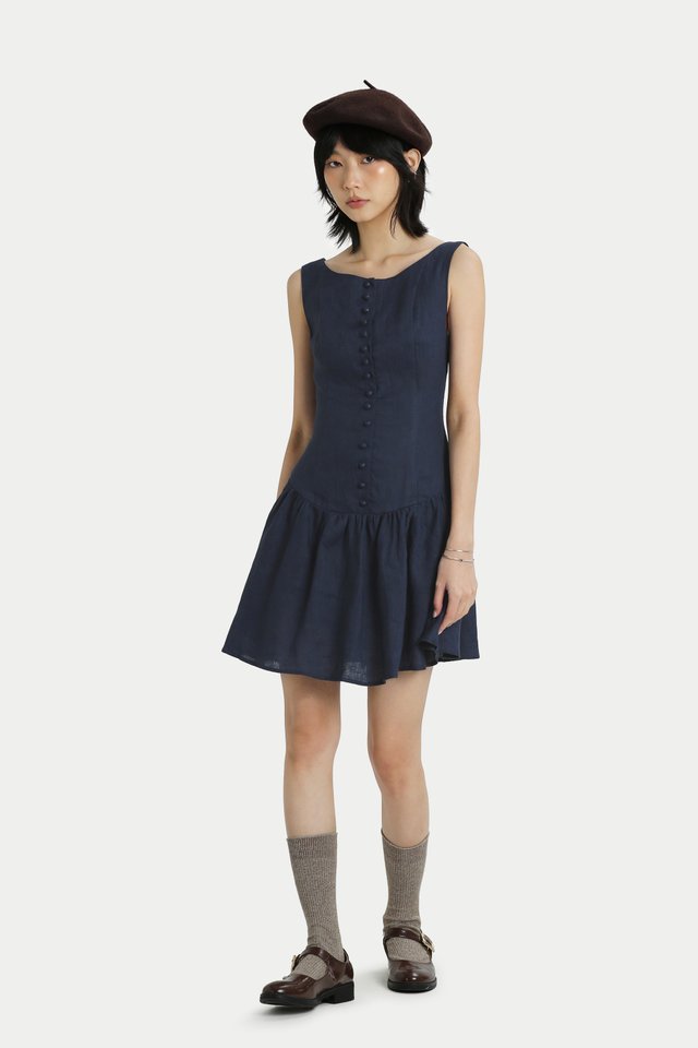 ANA BUTTON ROMPER DRESS IN NAVY