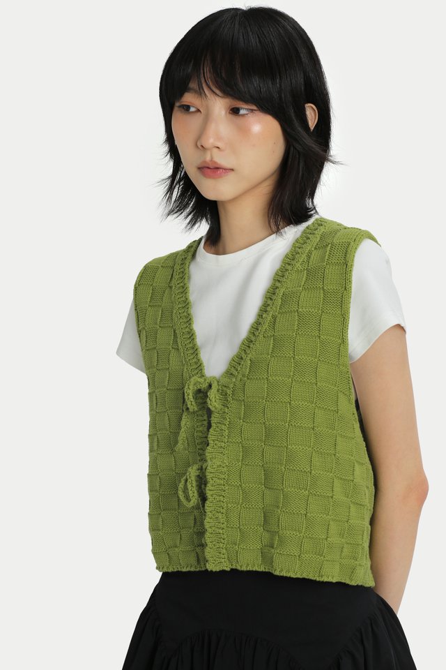 ASTOR CHECKERED KNIT TIE VEST IN MATCHA