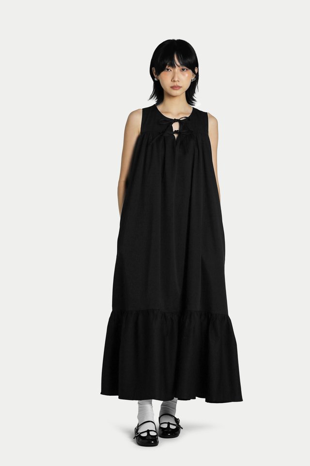 CALIE DOUBLE TIE TIERED DRESS IN BLACK