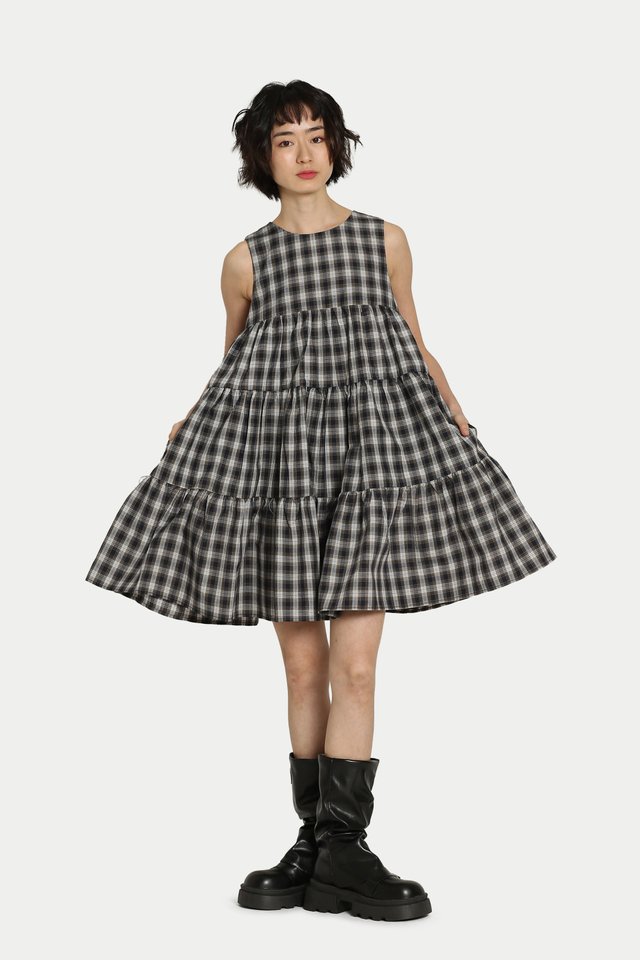 MILEY TIERED MINI DRESS IN NAVY CHECKS