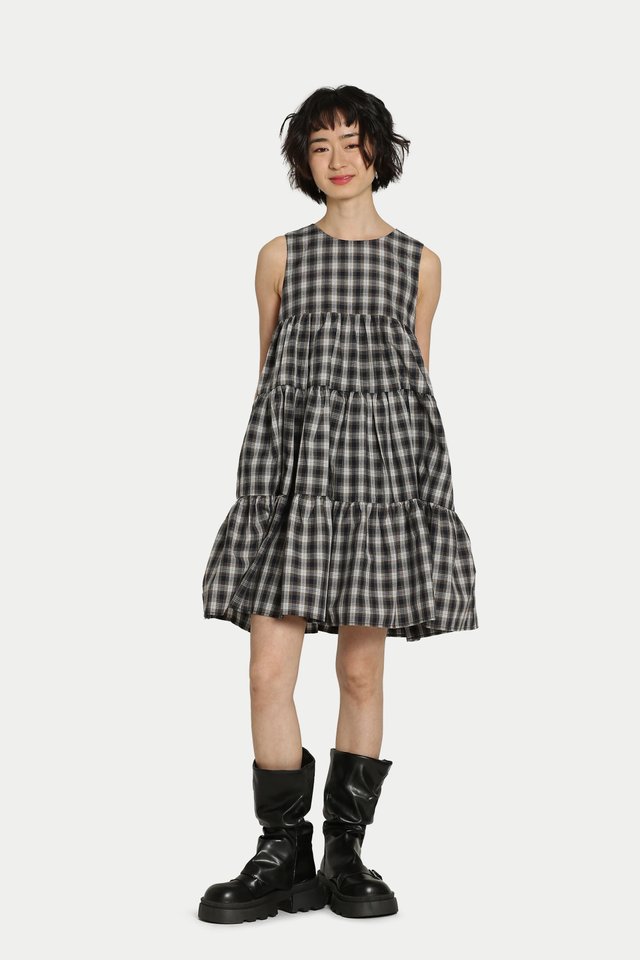 MILEY TIERED MINI DRESS IN NAVY CHECKS